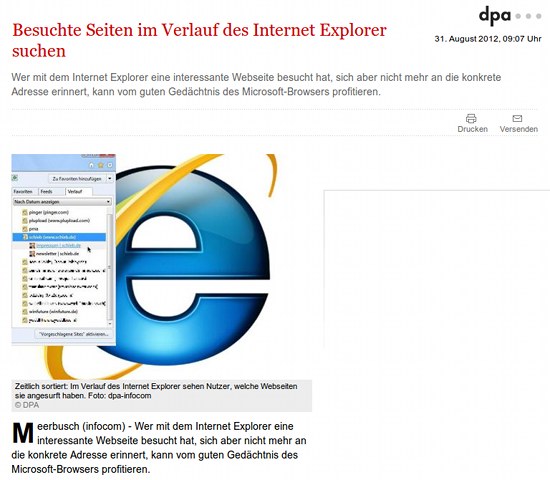 Besuchte Seiten im Verlauf des Internet Explorer suchen -- Wer mit dem Internet Explorer eine interessante Webseite besucht hat, sich aber nicht mehr an die konkrete Adresse erinnert, kann vom guten Gedächtnis des Microsoft-Browsers profitieren.