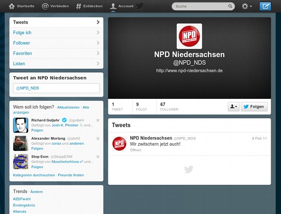 Screenshot des Twitter-Kanales der NPD Niedersachsen mit dem einzigen Tweet vom 8. Februar 2011: Wir zwitschern jetzt auch!