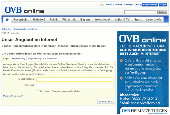 Screenshot der Website von OVB Online, die nur zum Registrieren und Bezahlen auffordert, ohne Inhalte zu zeigen