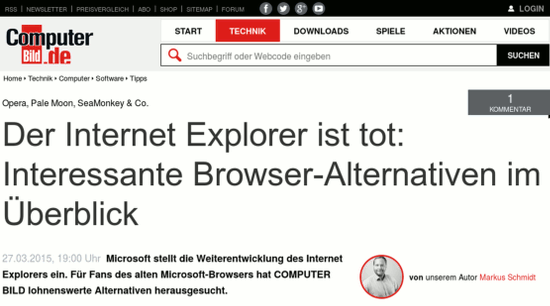 Screenshot Computerbild.de -- Schlagzeile -- Opera, Pale Moon, SeaMonkey und Co: Der Internet Explorer ist tot: Interessante Browser-Alternativen im Überblick -- Microsoft stellt die Weiterentwicklung des Internet Explorers ein. Für Fans des alten Microsoft-Browsers hat Computerbild lohnenswerte Alternativen herausgesucht